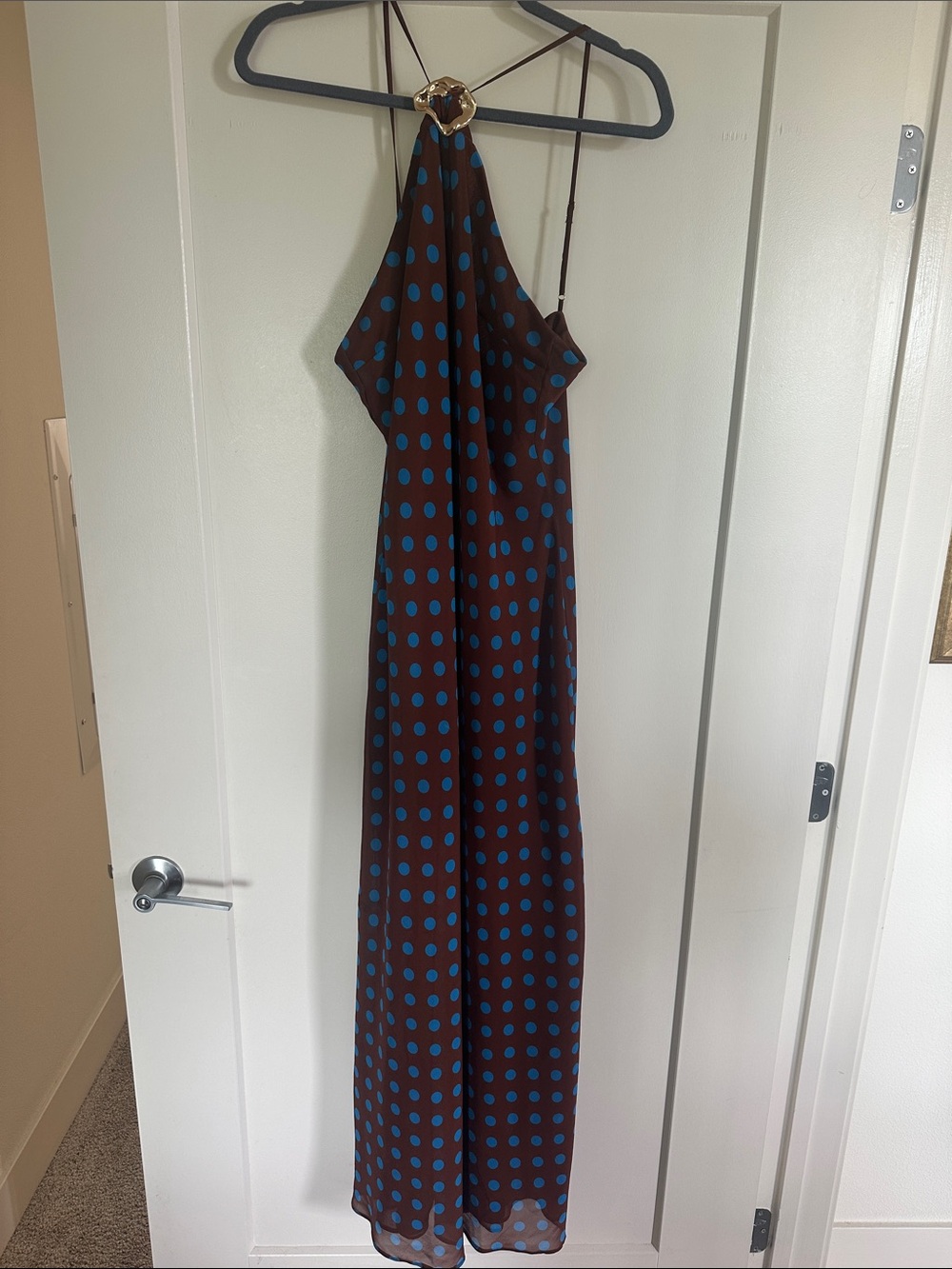 By Anthropologie brown Halter Maxi Dress with Blue Polka Dots size large